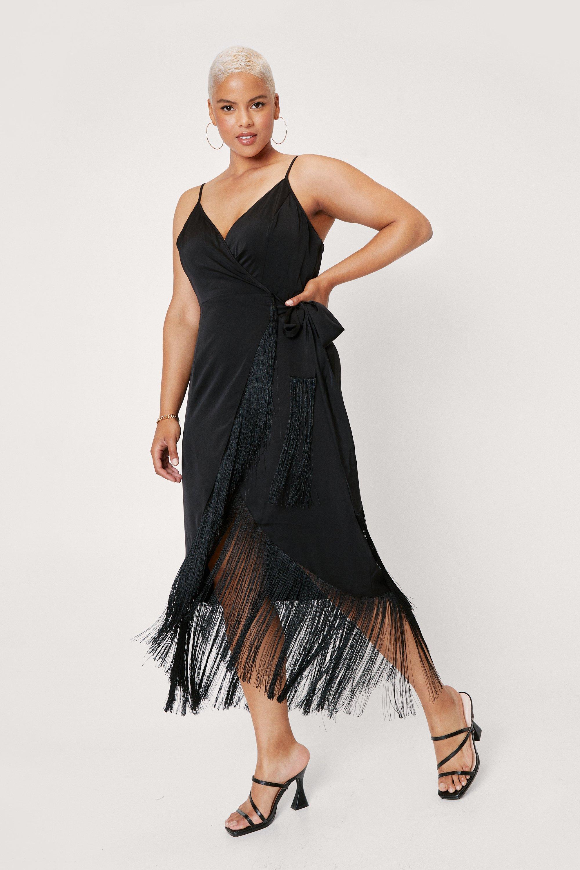 Plus Size Fringe Trim Satin Wrap Midi ...