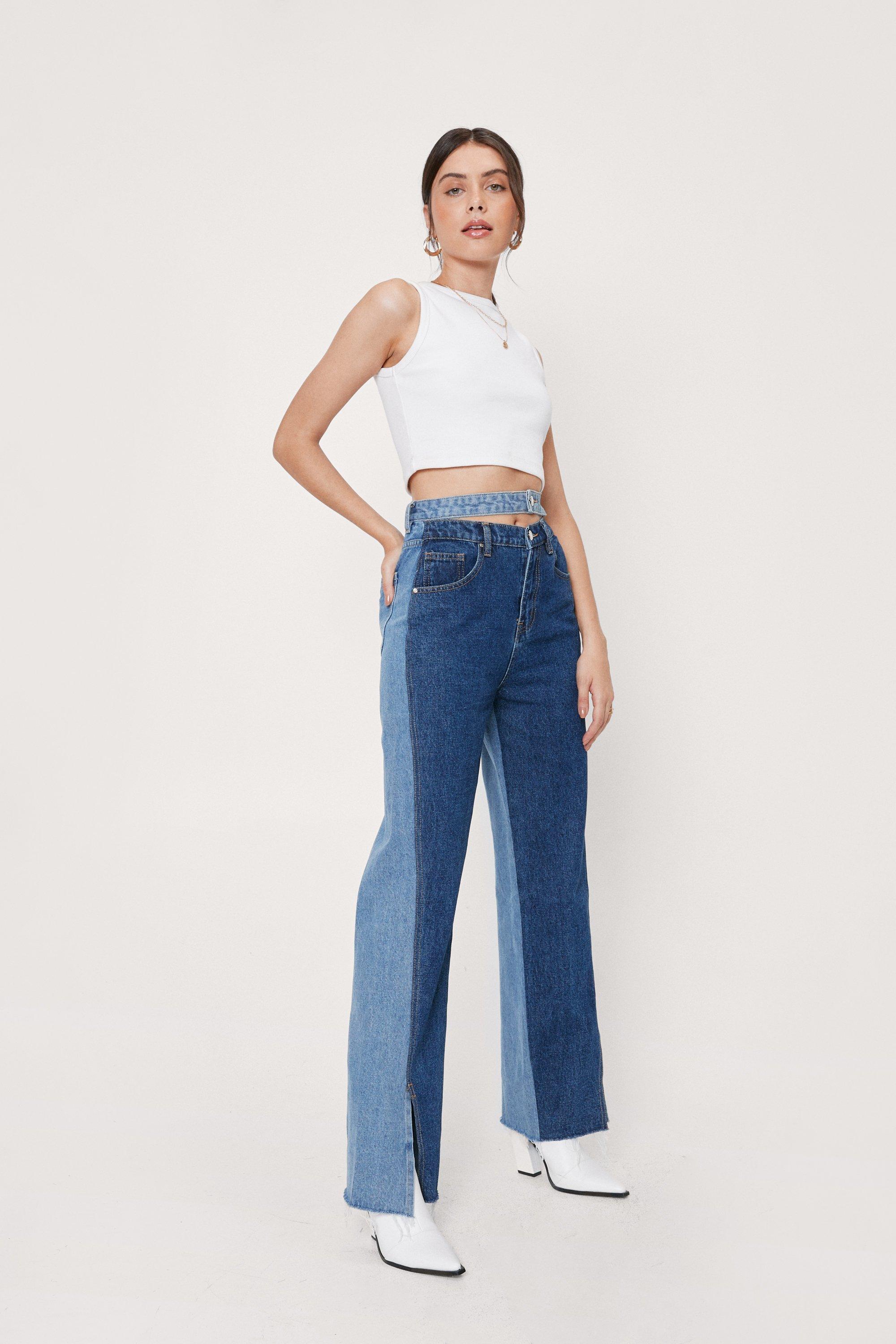 Two Tone Split Hem Waistband Jeans