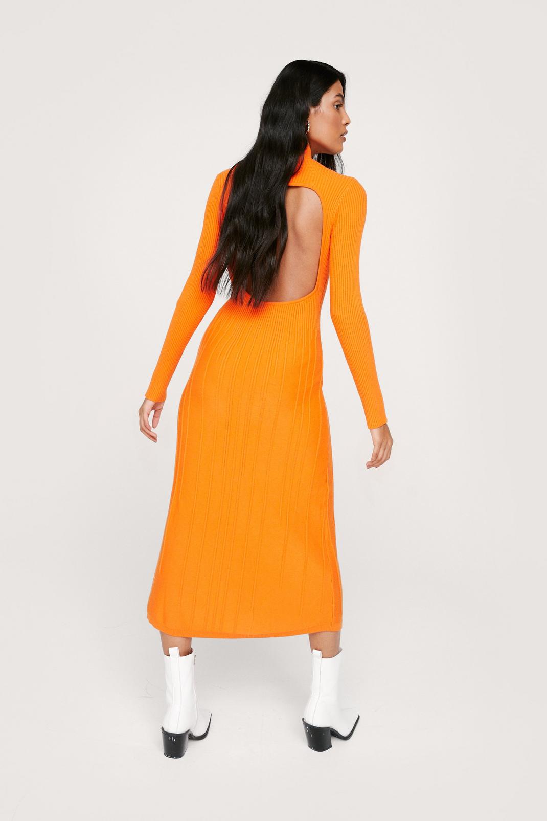 Orange Knitted Ribbed Bias Cut Open Back Midi Dress image number 1