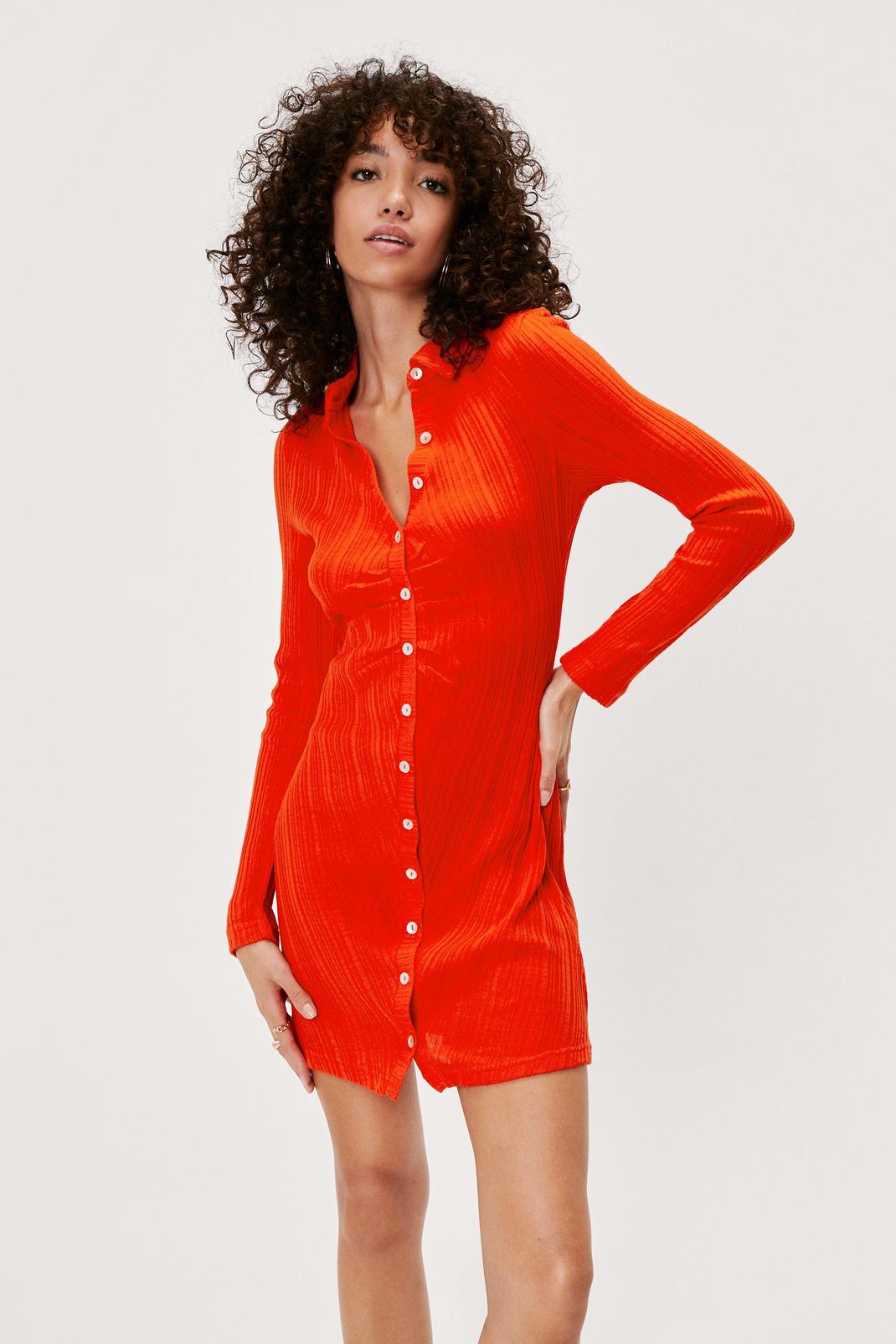 Orange Knitted Ruched Button Collar Mini Dress image number 1