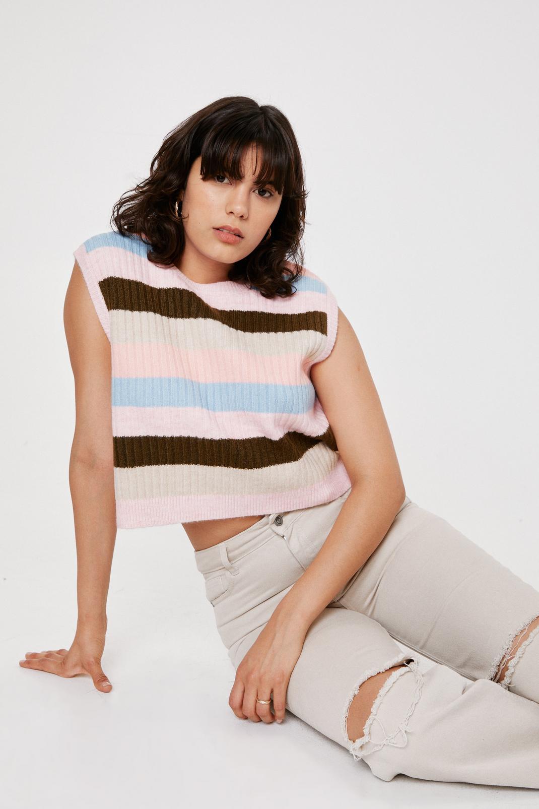 Pink Striped Fluffy Knit Sleeveless Jumper image number 1