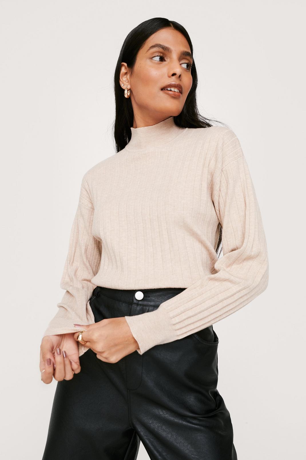 Oatmeal High Neck Wide Ribbed Knitted Top image number 1