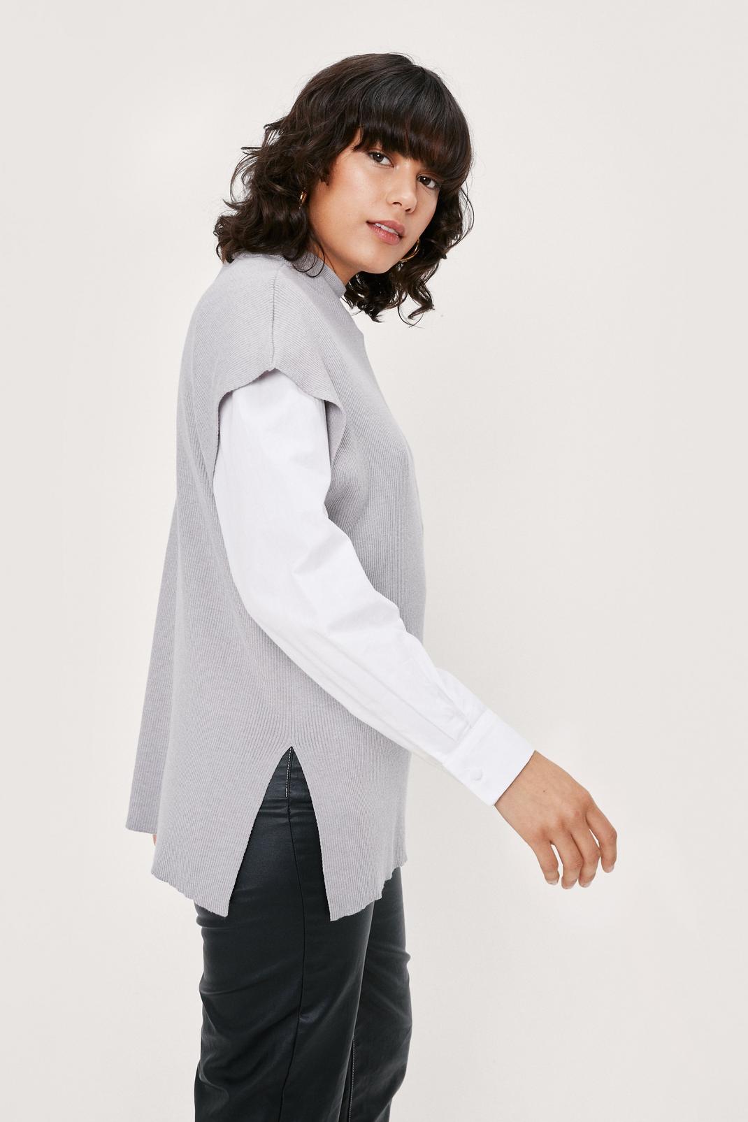 Grey Knitted Ribbed Split Side Sweater Vest image number 1