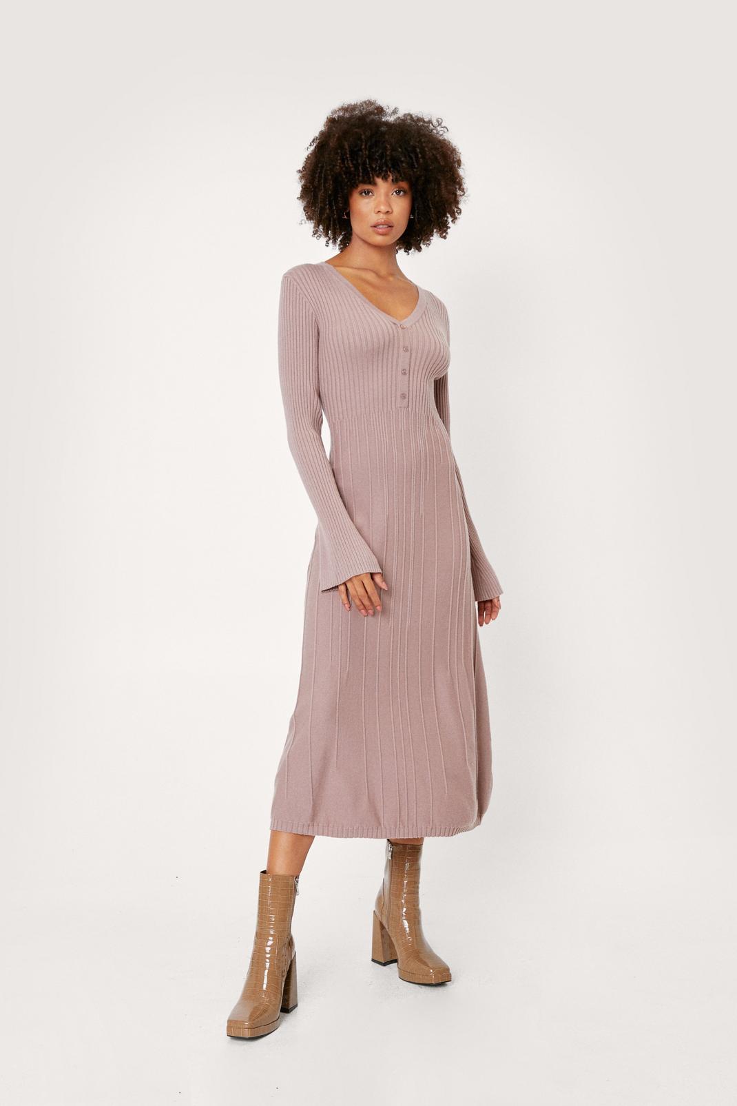 Chocolate Knitted Bias Cut Ribbed Button Midi Dress image number 1