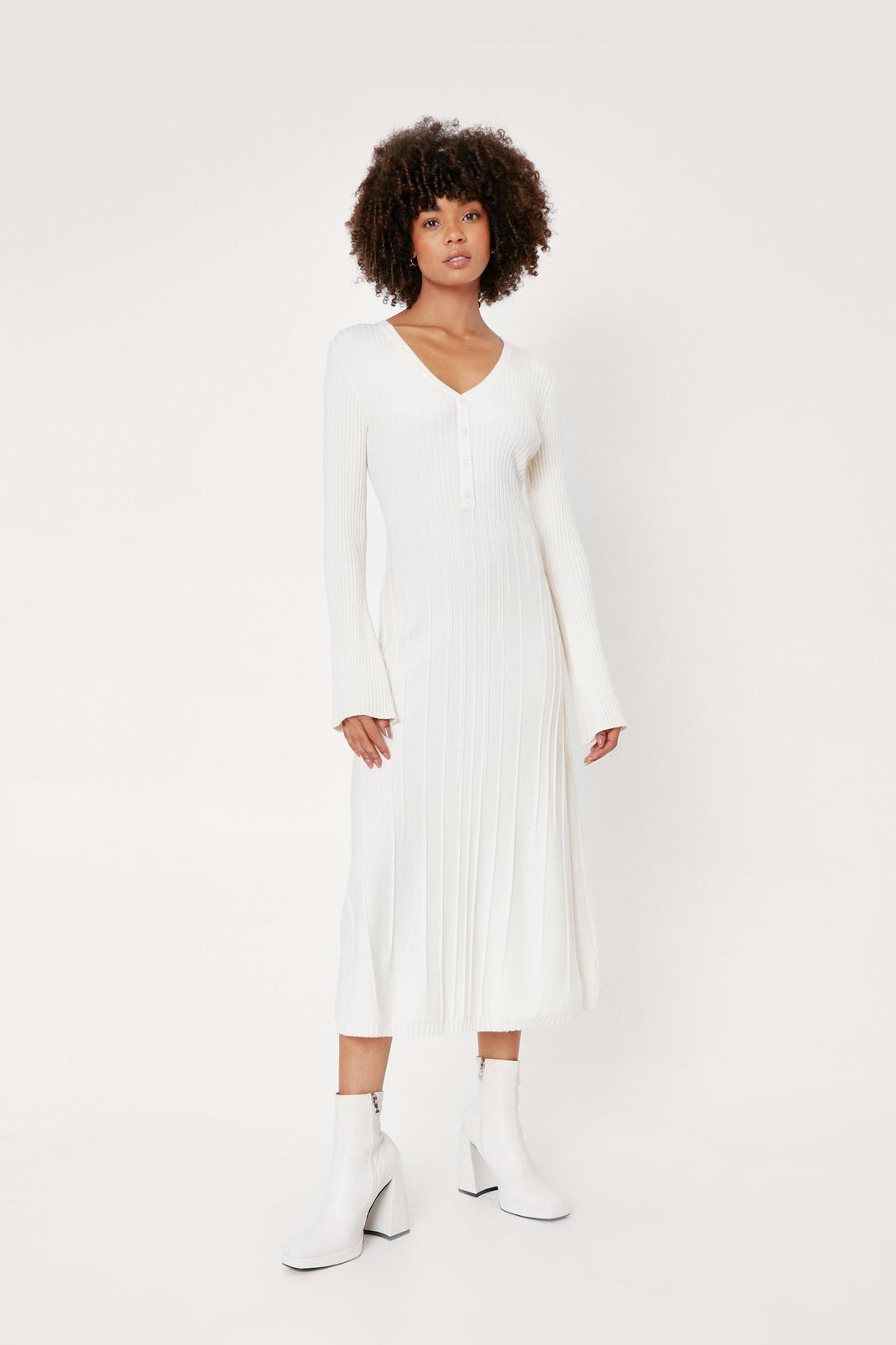 Ivory Knitted Bias Cut Ribbed Button Midi Dress image number 1