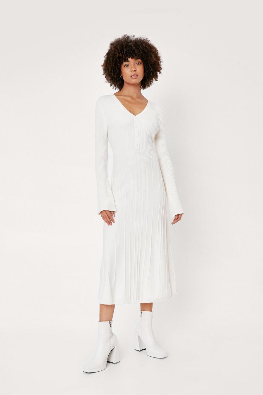 Knitted Bias Cut Ribbed Button Midi Dress