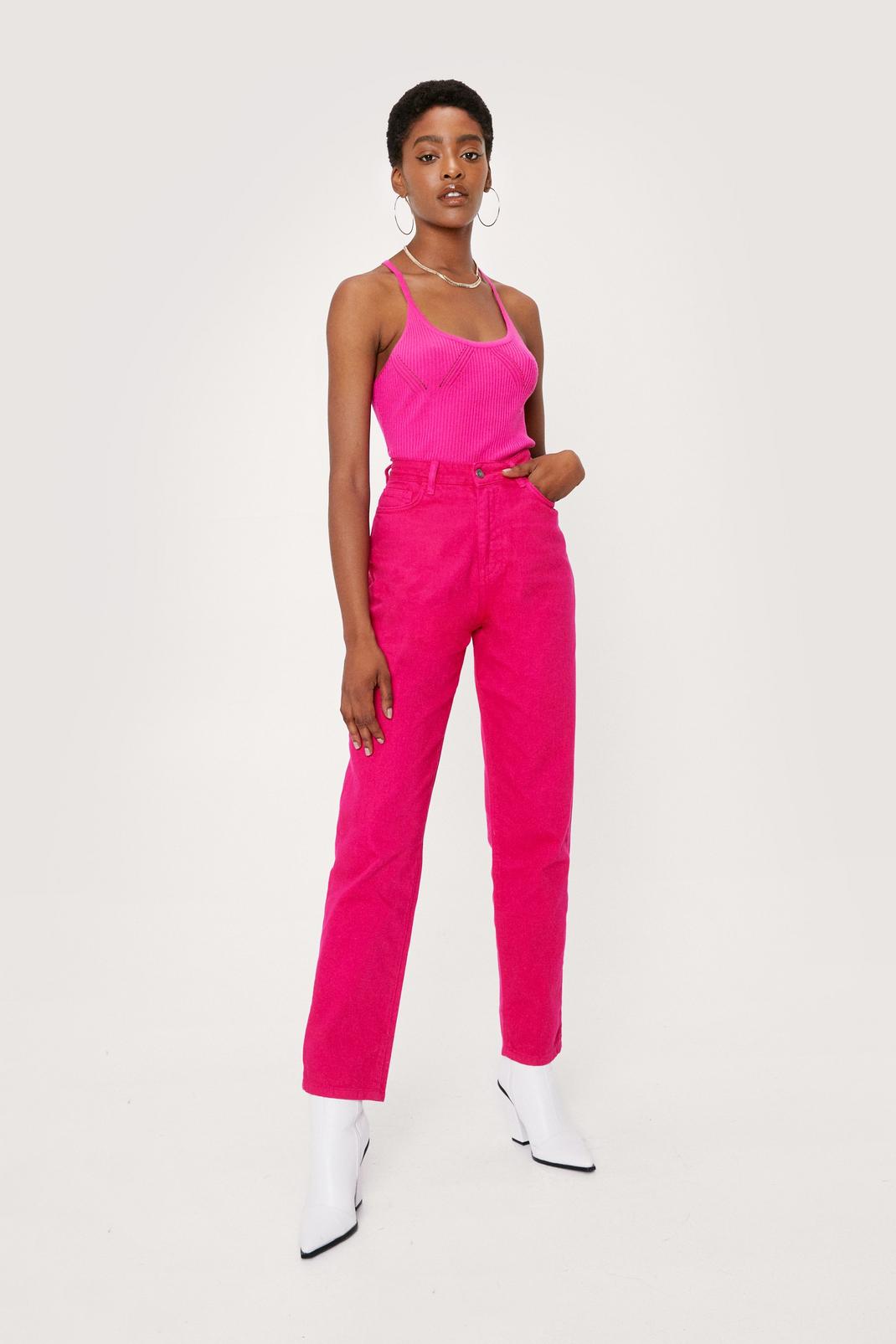 Jean droit taille haute en coton à poches, Hot pink image number 1
