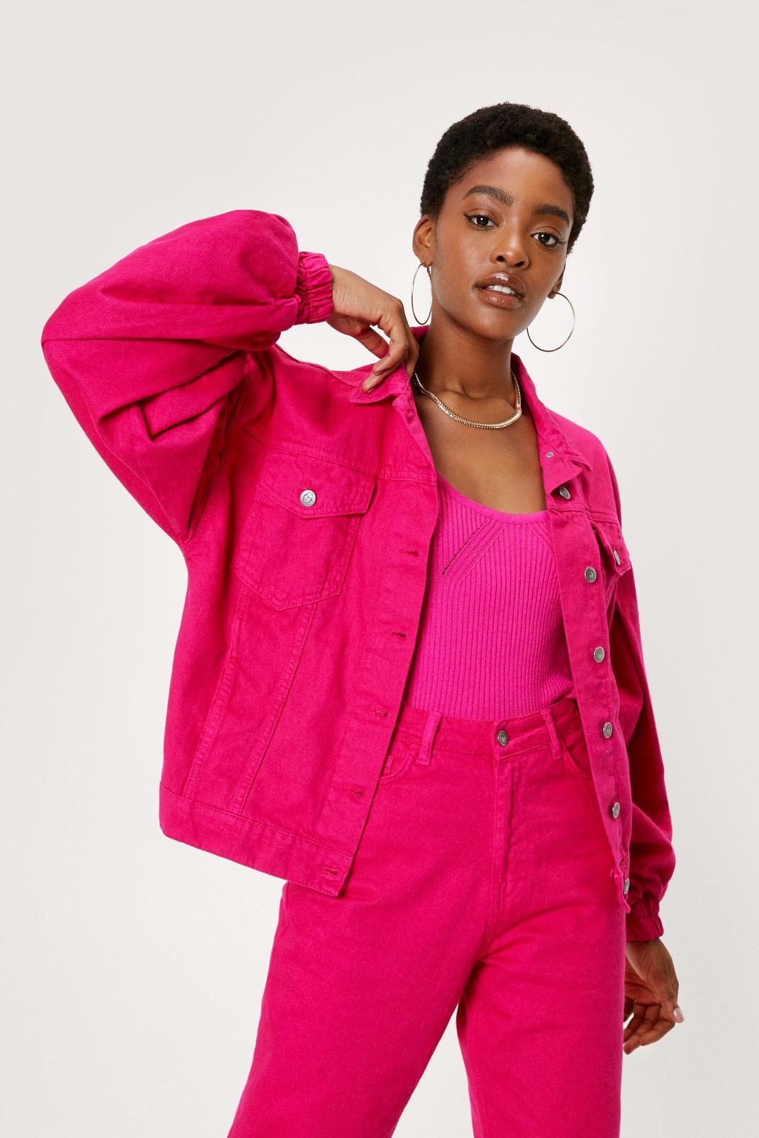 Hot pink Volume Sleeve Relaxed Denim Jacket image number 1