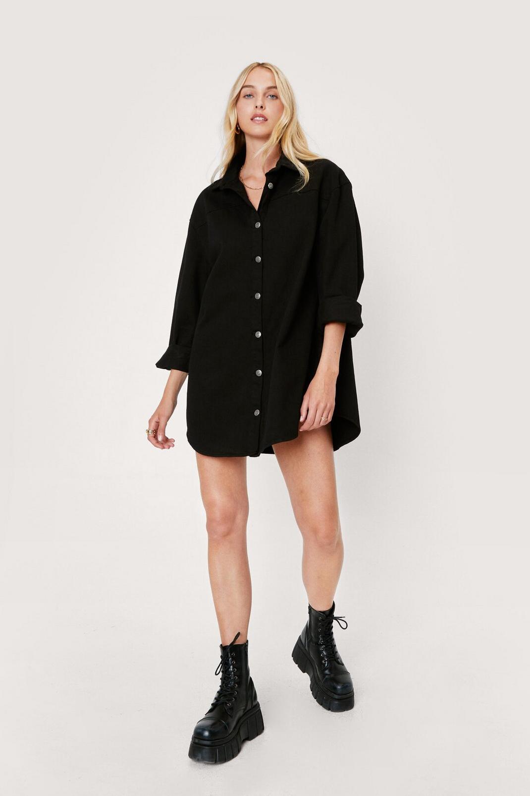 Black Oversized Button Down Denim Shirt Dress image number 1