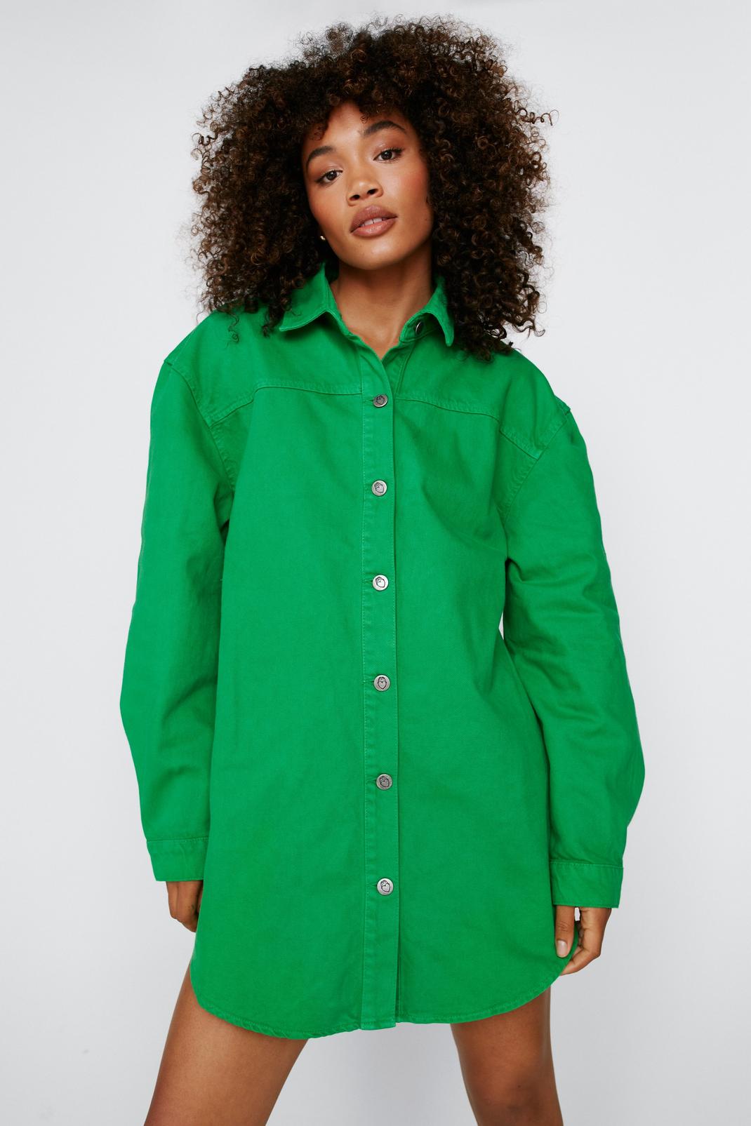 Green Oversized Button Down Denim Shirt Dress image number 1