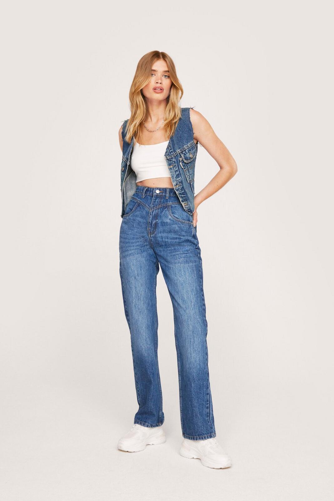 Dark blue Faded High Waisted Straight Leg Jeans image number 1