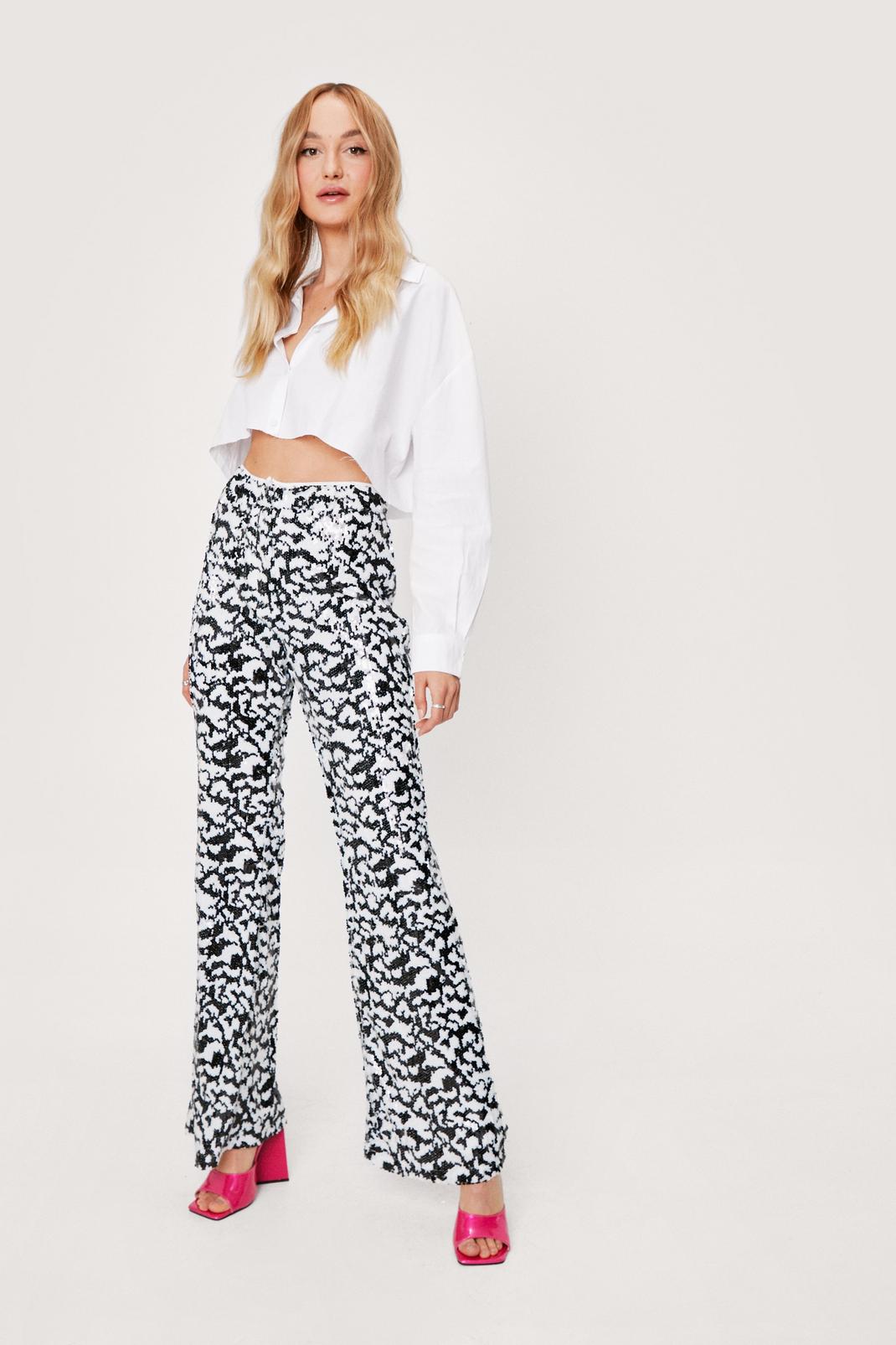 White Animal Sequin Detail Flare Pants image number 1