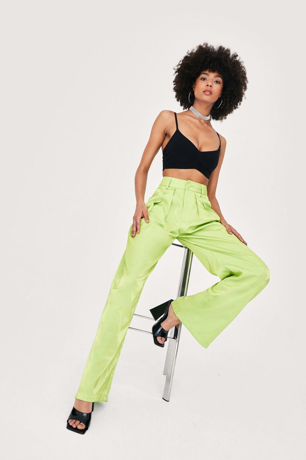 Apple green Satin Shimmer Pleat Detail Wide Leg Trousers image number 1