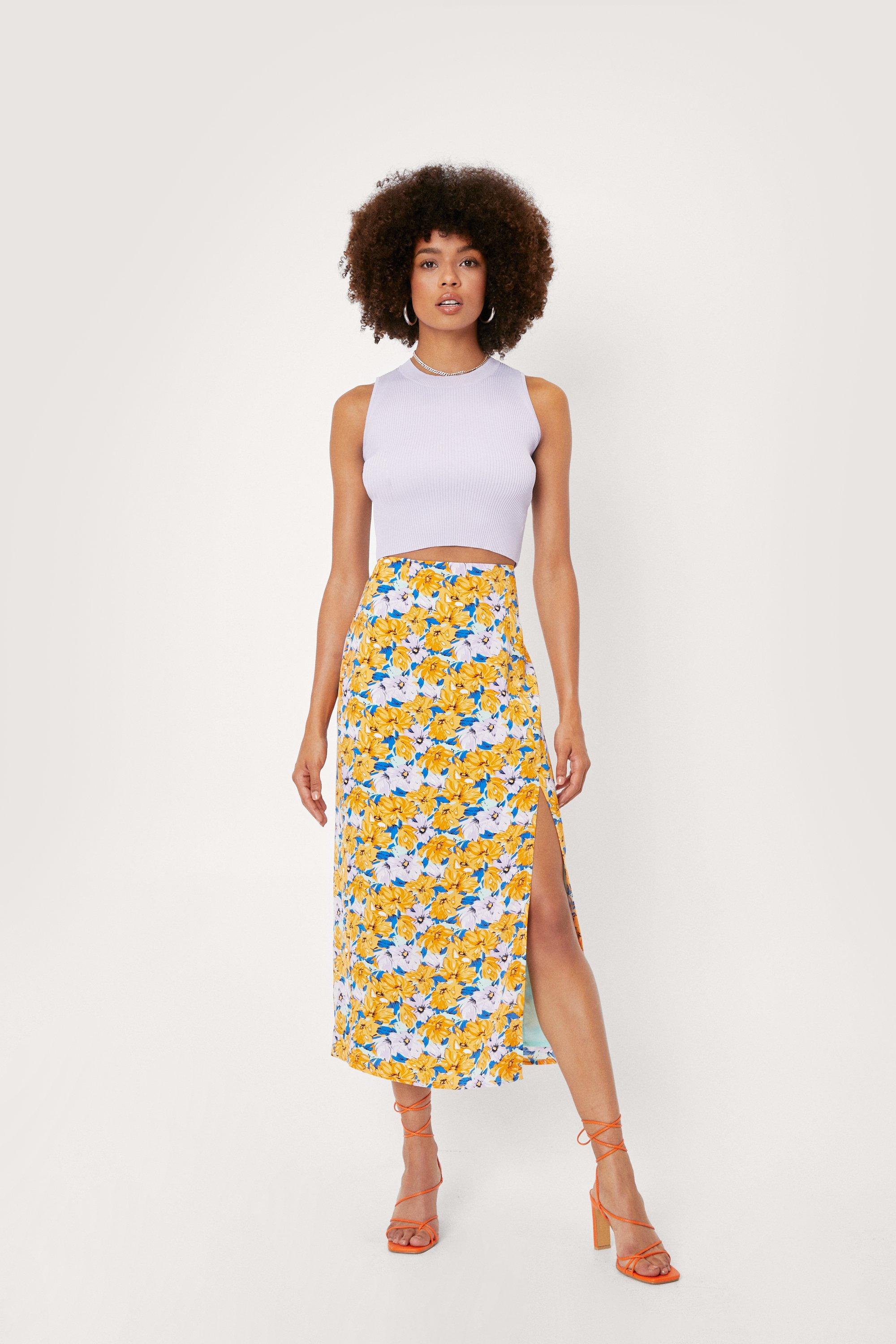 Floral midi 2025 skirt split