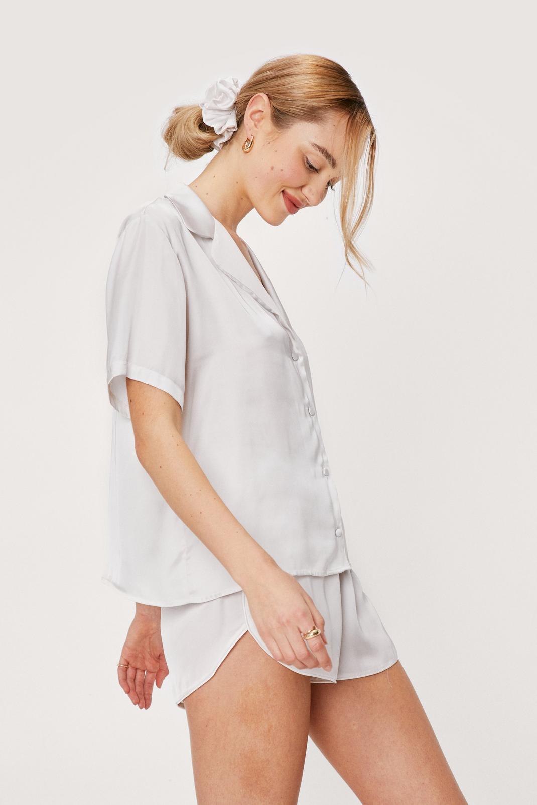 184 Satin Shirt Short Scrunchie 3-Pc Pajama Set image number 2