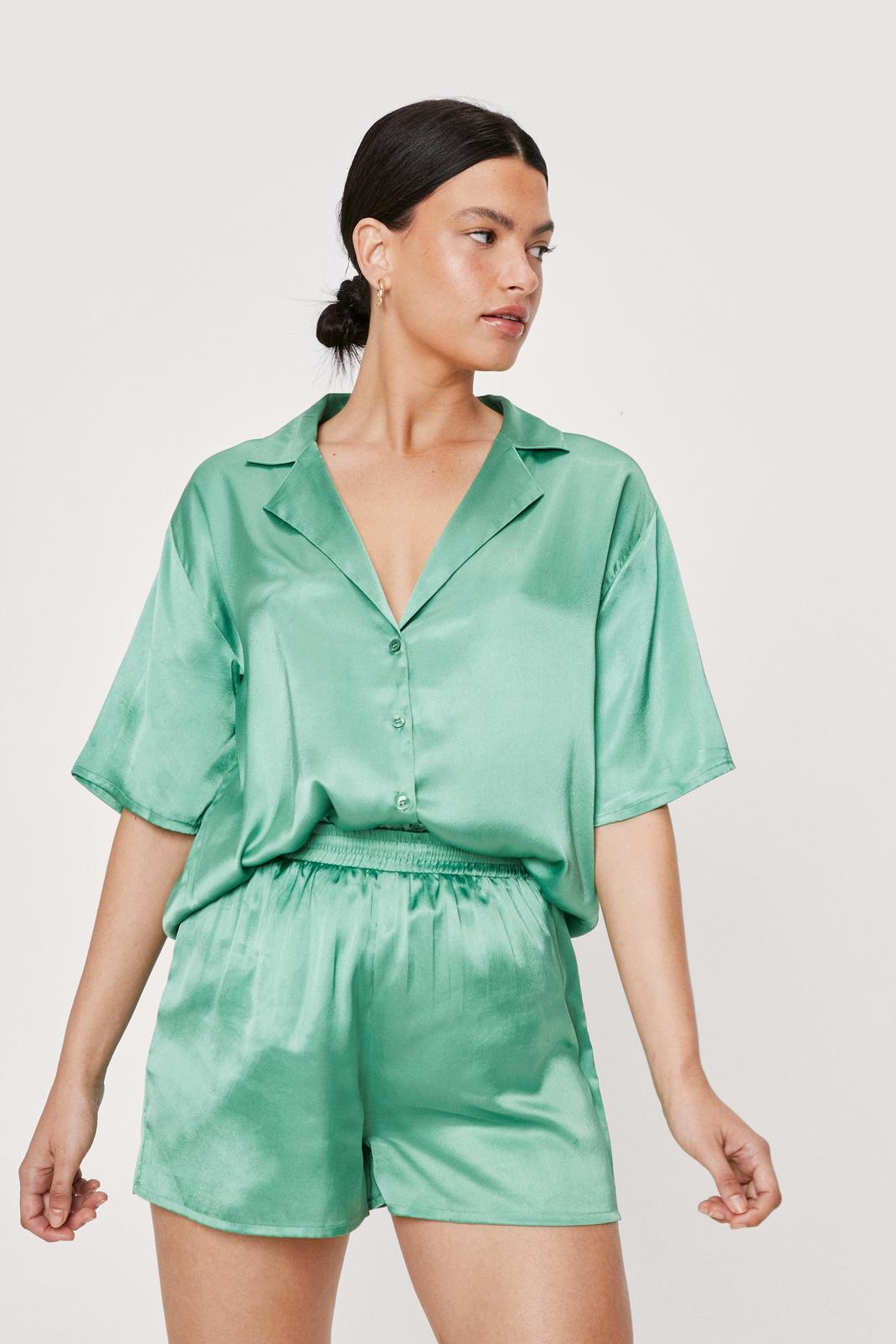 Green Satin Button Through Pyjama Short Set image number 1
