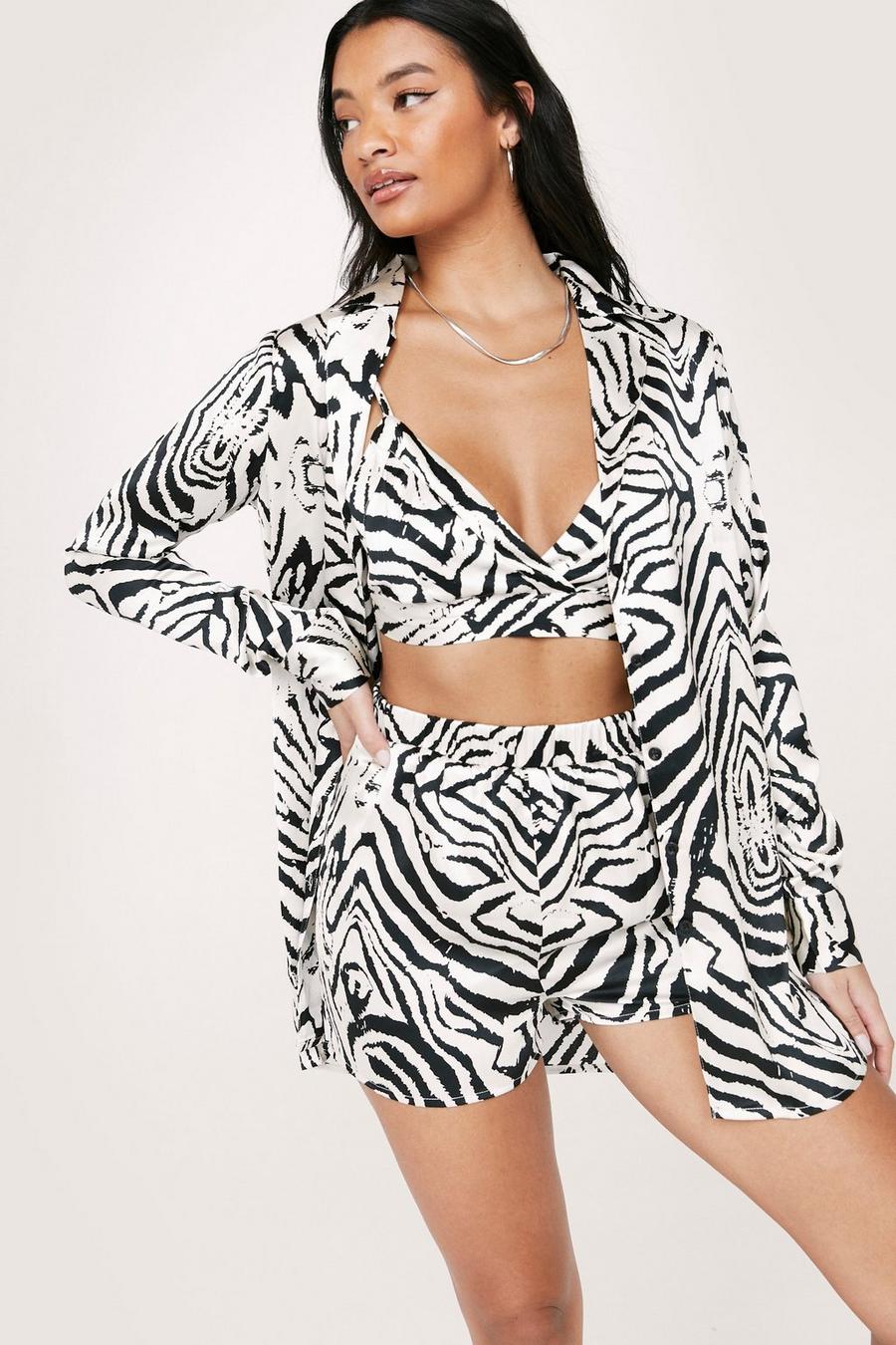 Satin Zebra Bralette Short Shirt 3 Pc Pyjama Set