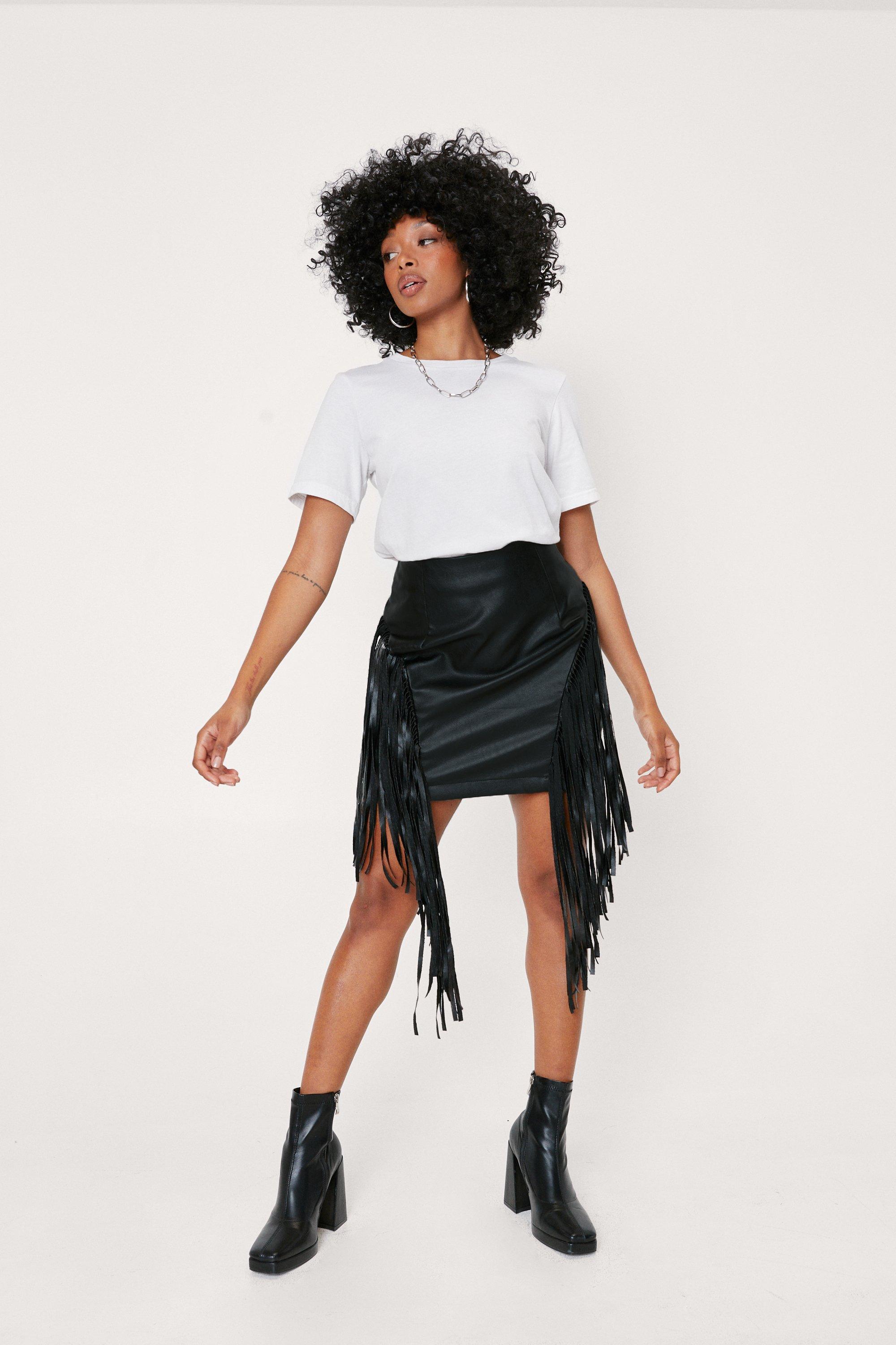 Petite Faux Leather Fringe Detail Mini Skirt