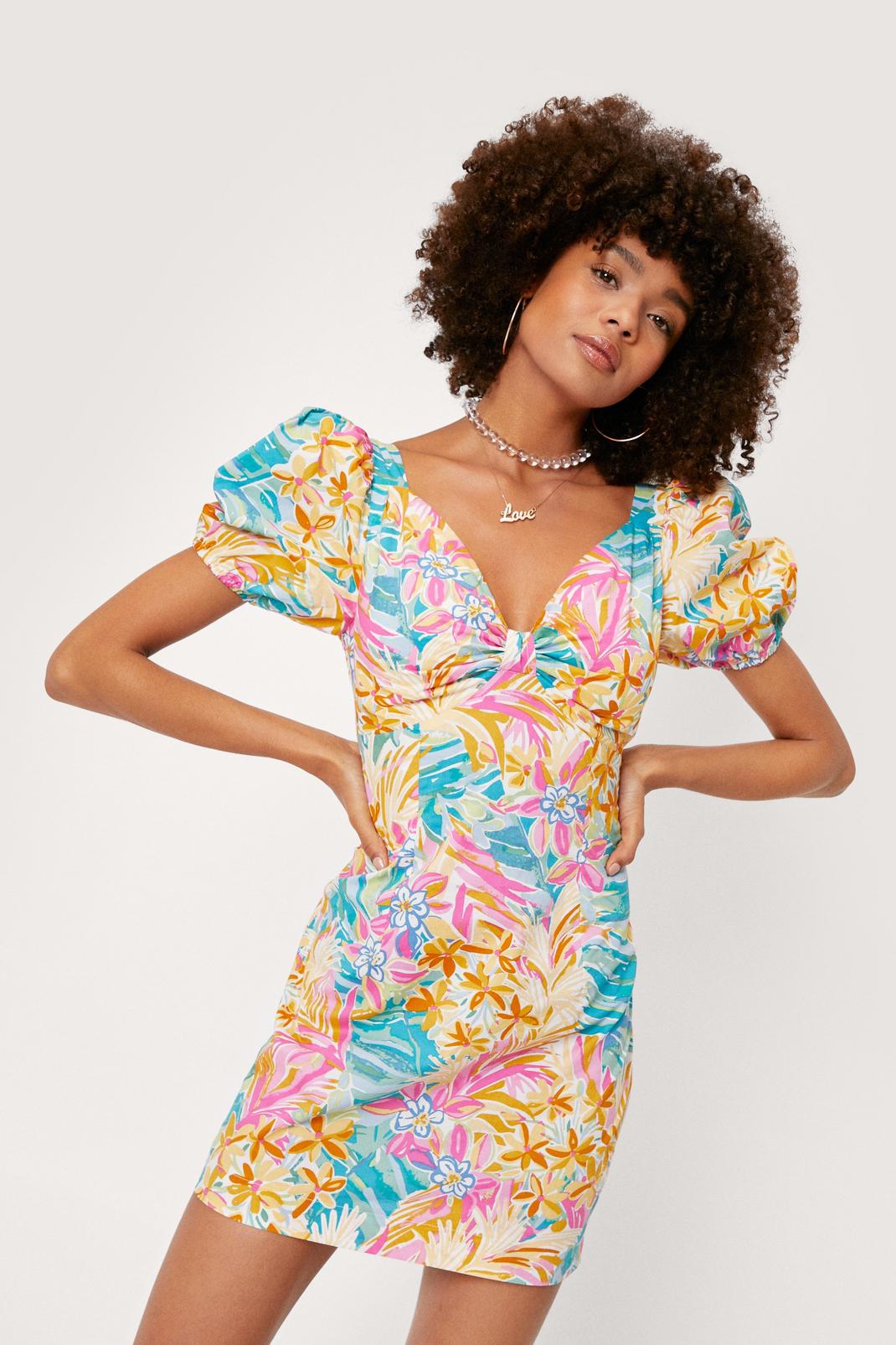 Yellow Floral Knot Front Puff Sleeve Mini Dress image number 1