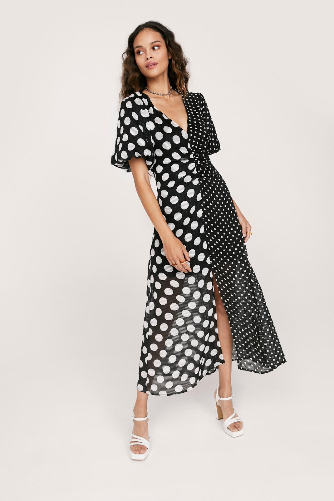 Contrasting Polka Dot Print V Neck Midi Dress image number 1