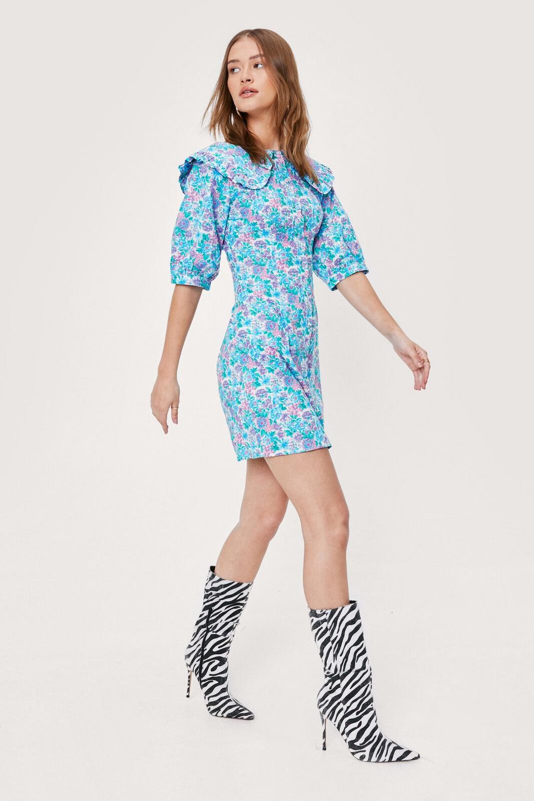 Blue Floral Collared Puff Sleeve Mini Dress image number 1