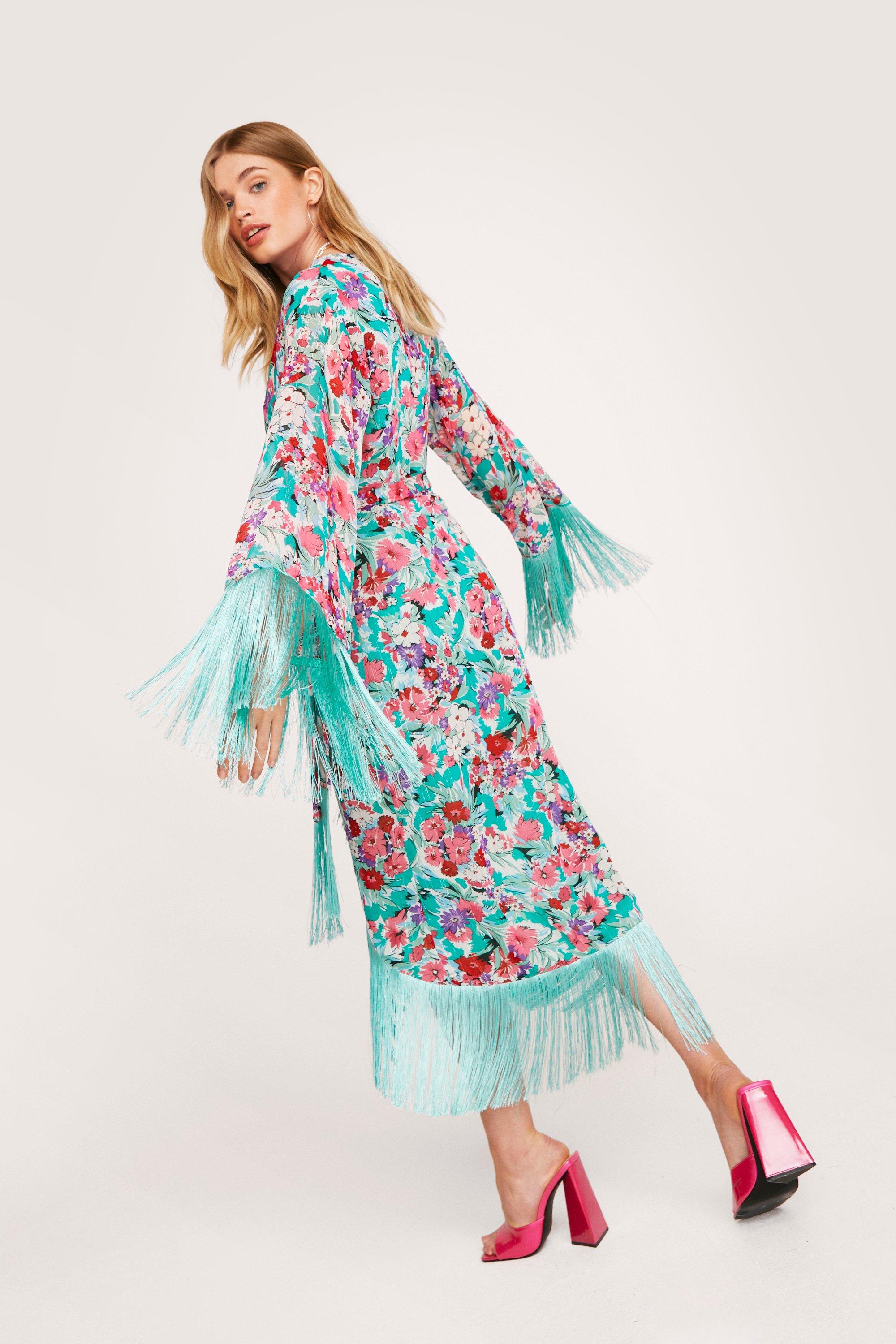 Floral Print Fringe Detail Wrap Midi Dress