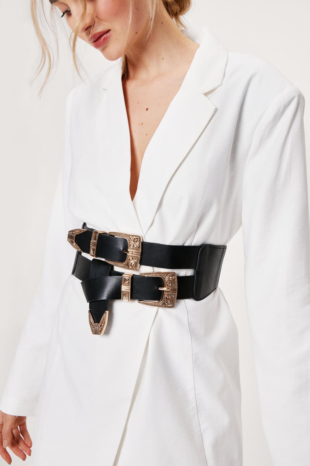 Black Faux Leather Double Western Buckle Waist Belt image number 1