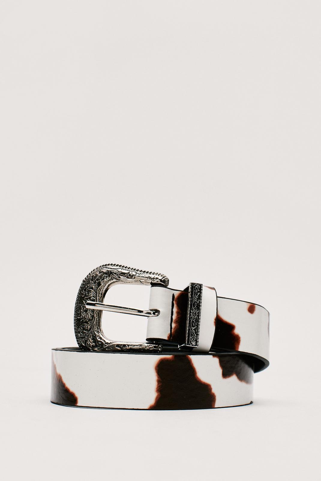 Off white Faux Leather Cow Print Western Cowboy Belt image number 1