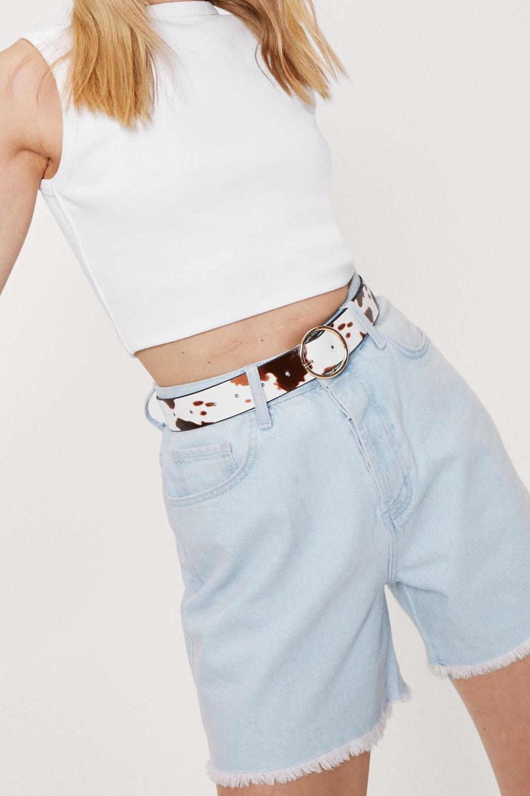 Off white Round Buckle Faux Leather Cow Print Belt image number 1