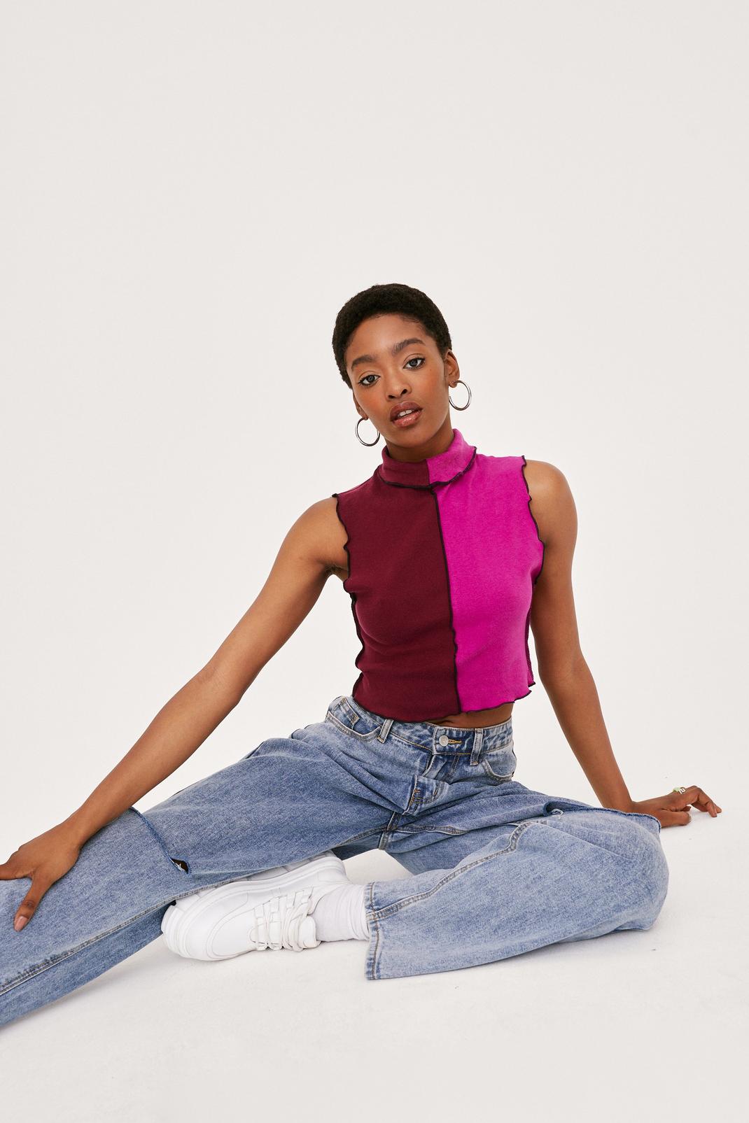 Fuchsia Vintage Colorblock Roll Neck Crop Top image number 1