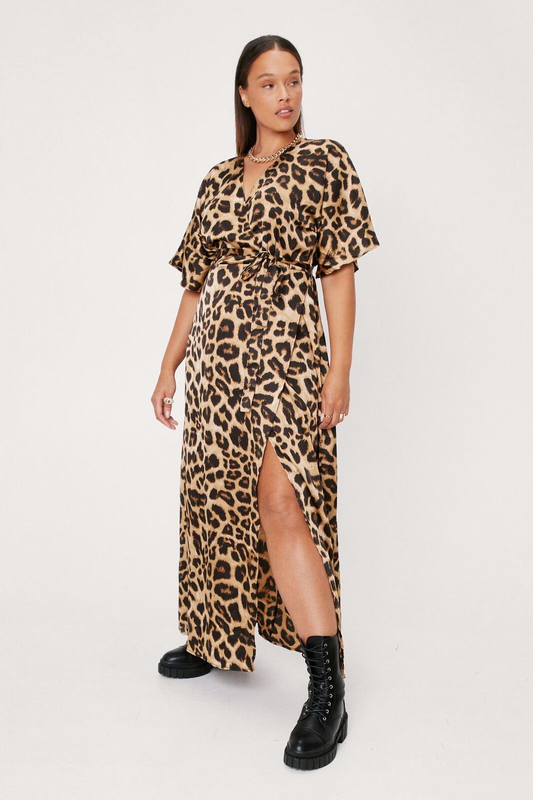 Brown Plus Size Leopard Print Wrap Maxi Dress image number 1