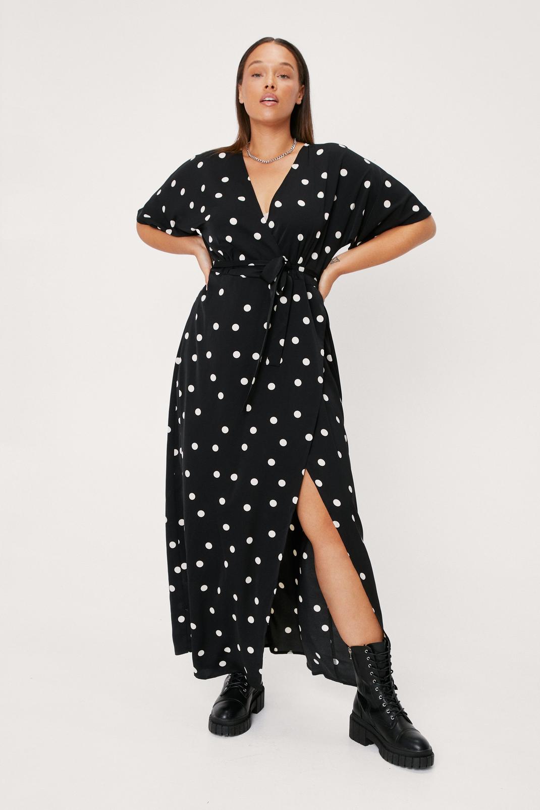 Black Plus Size Polka Dot Maxi Wrap Dress image number 1