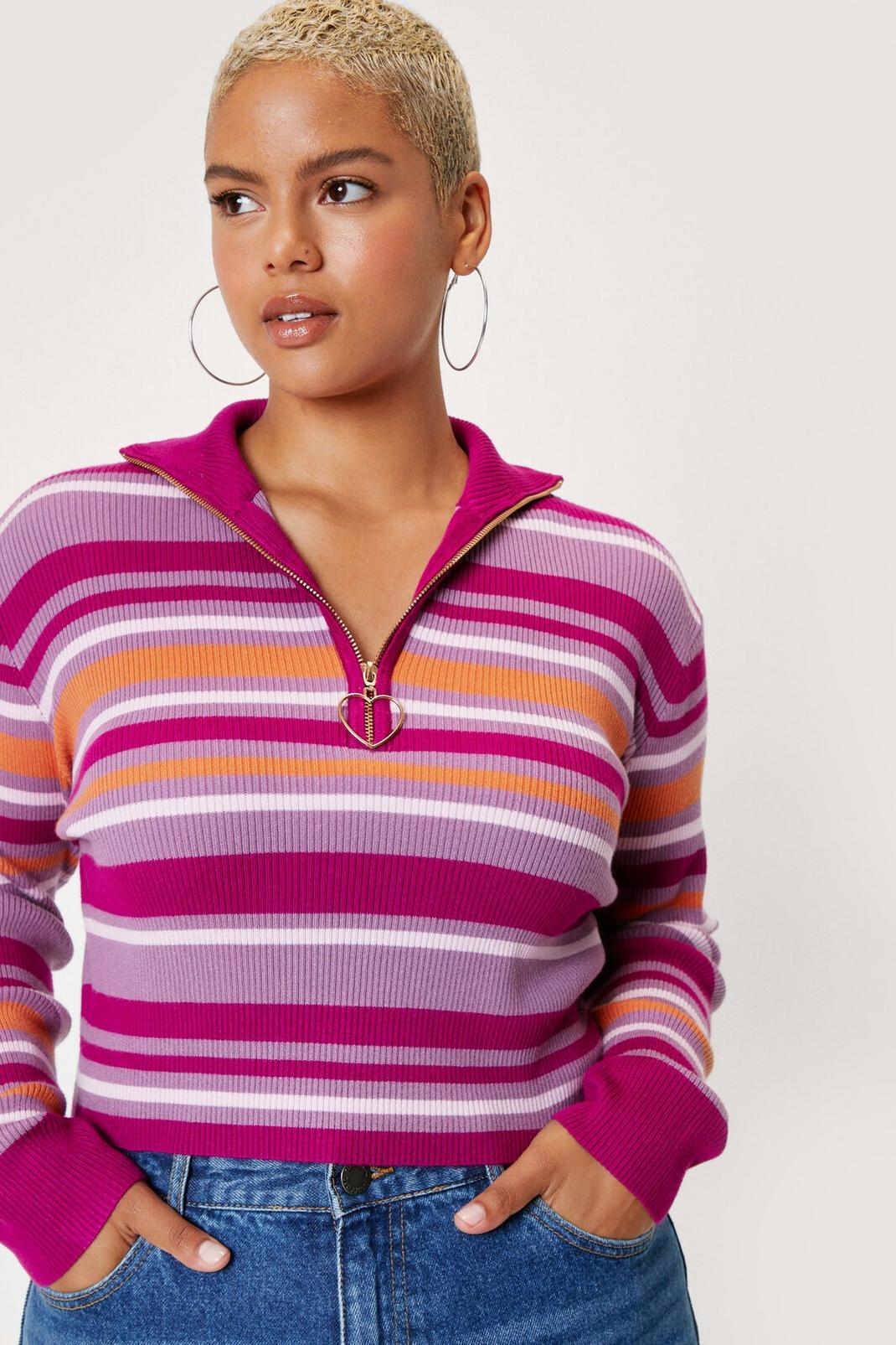 Plus Size Stripe Zip Crop Knitted Jumper image number 1
