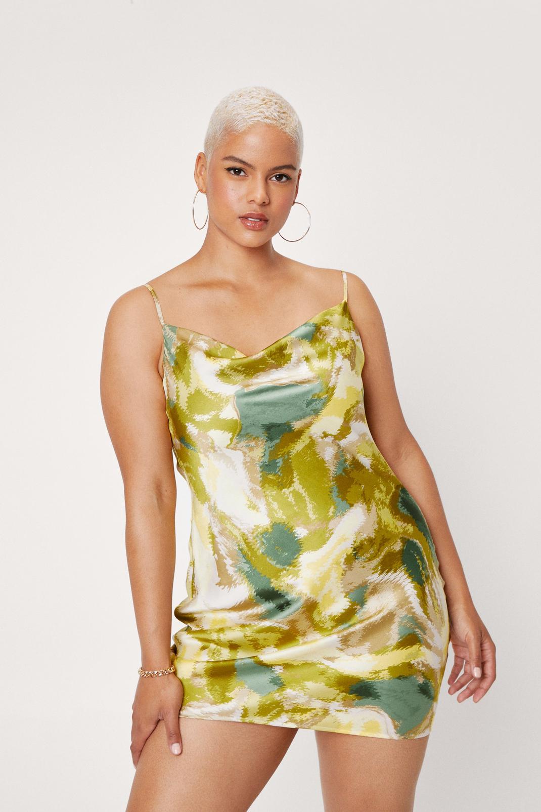 Green Plus Size Tie Dye Cowl Slip Mini Dress image number 1