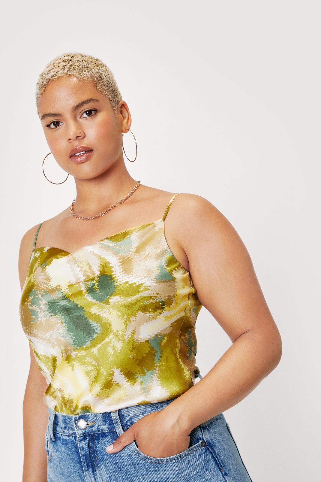Green Plus Size Tie Dye Cowl Neck Cami Top image number 1