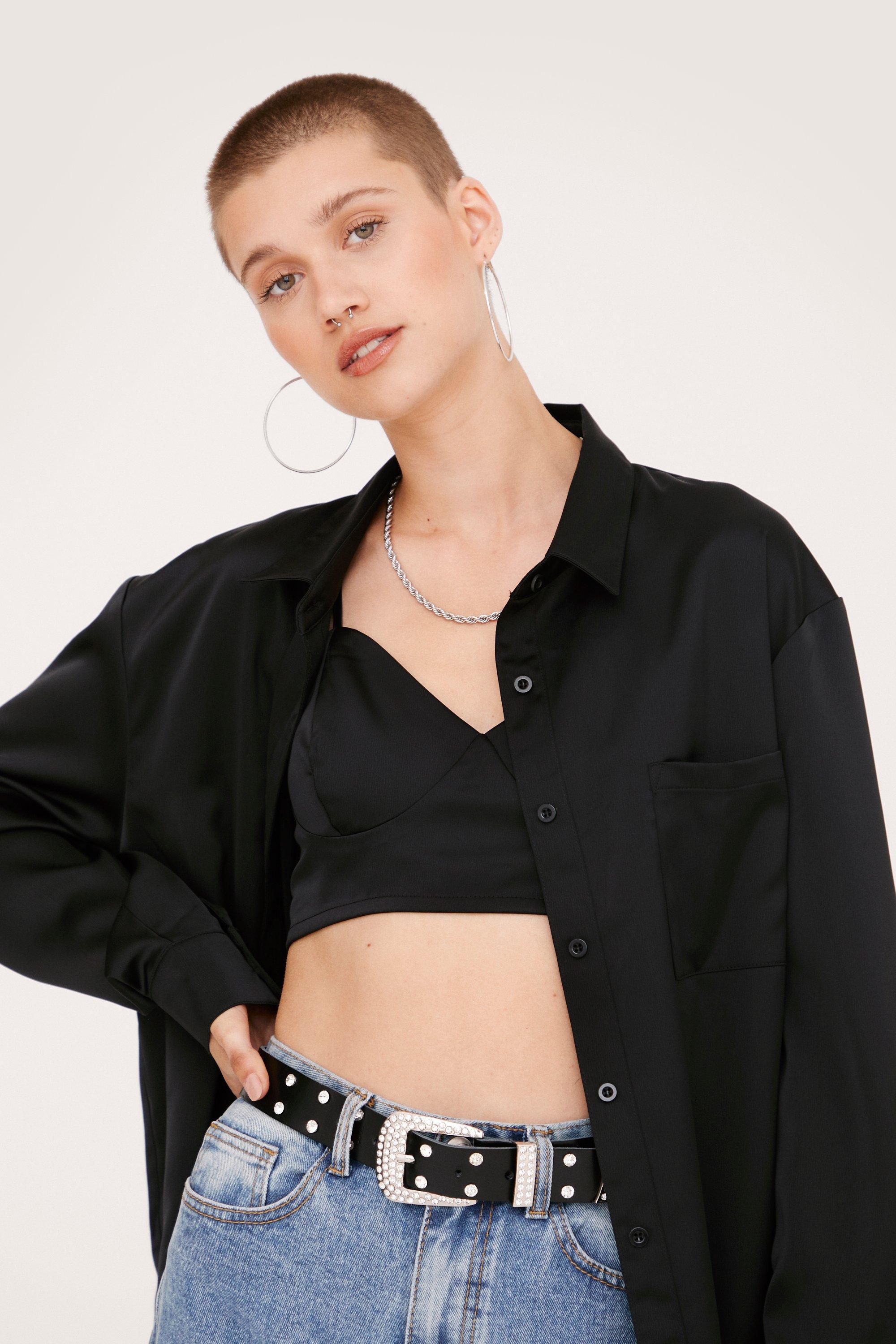 Nasty Gal, Tops, Oversized Satin Shirt And Bralette Set Dark Green