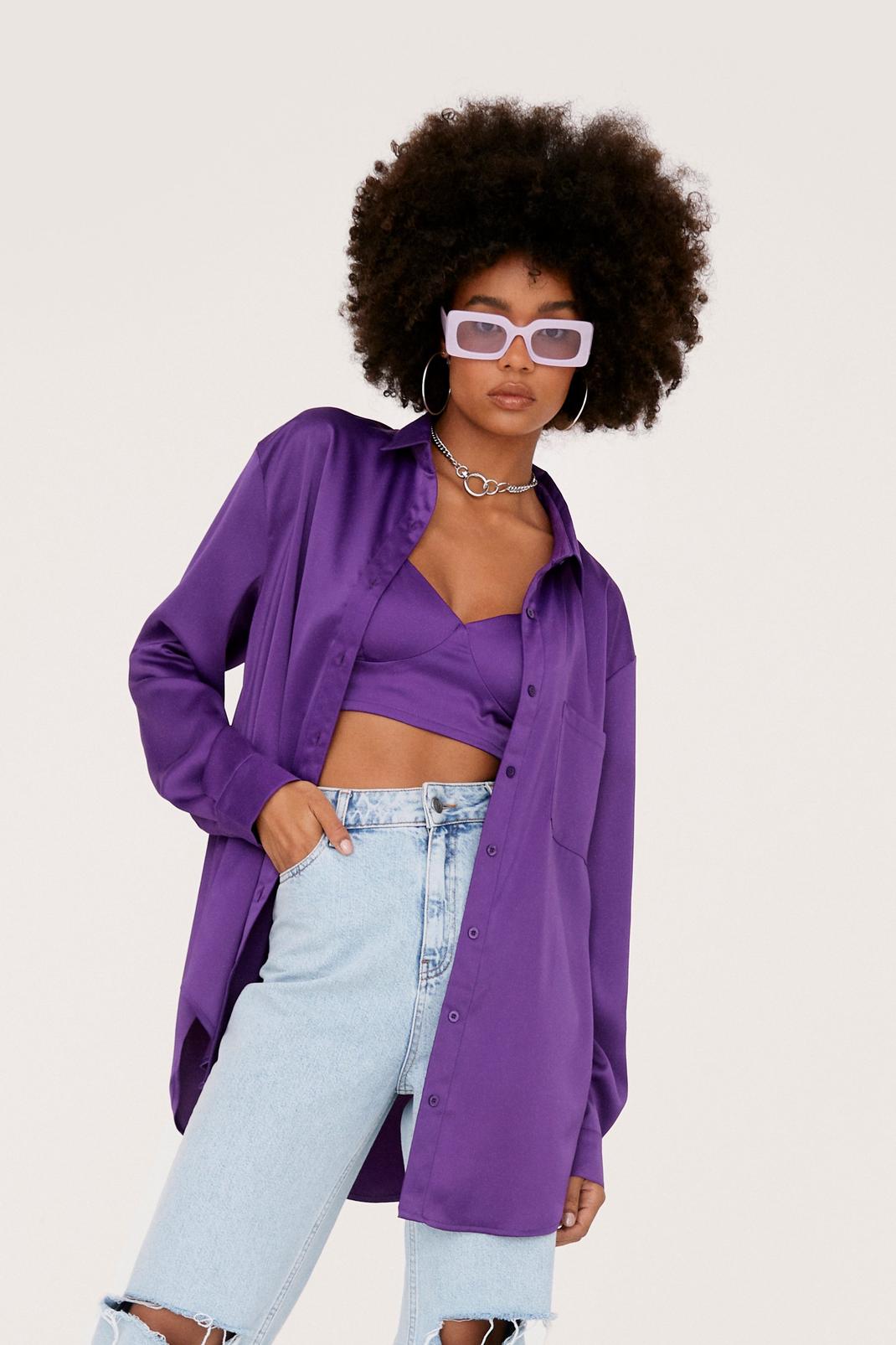 Purple Oversized Satin Shirt and Bralette Set image number 1
