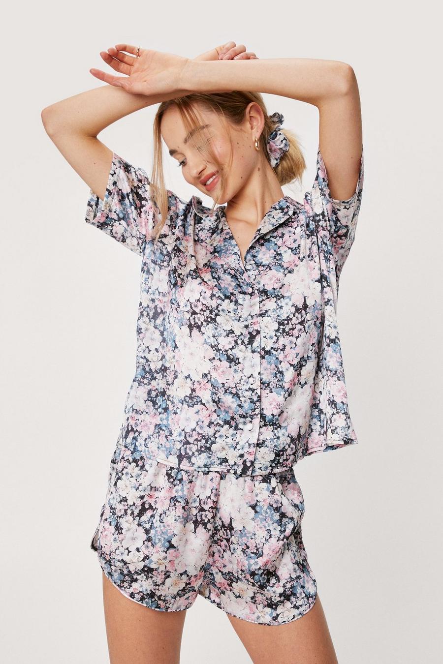 Satin Floral Print Shirt and Shorts Pajama Set