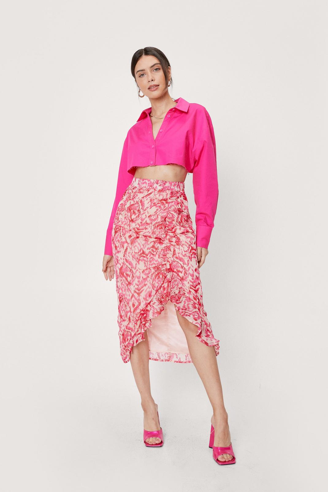 Bright pink Abstract Print Chiffon Ruched Midi Skirt image number 1