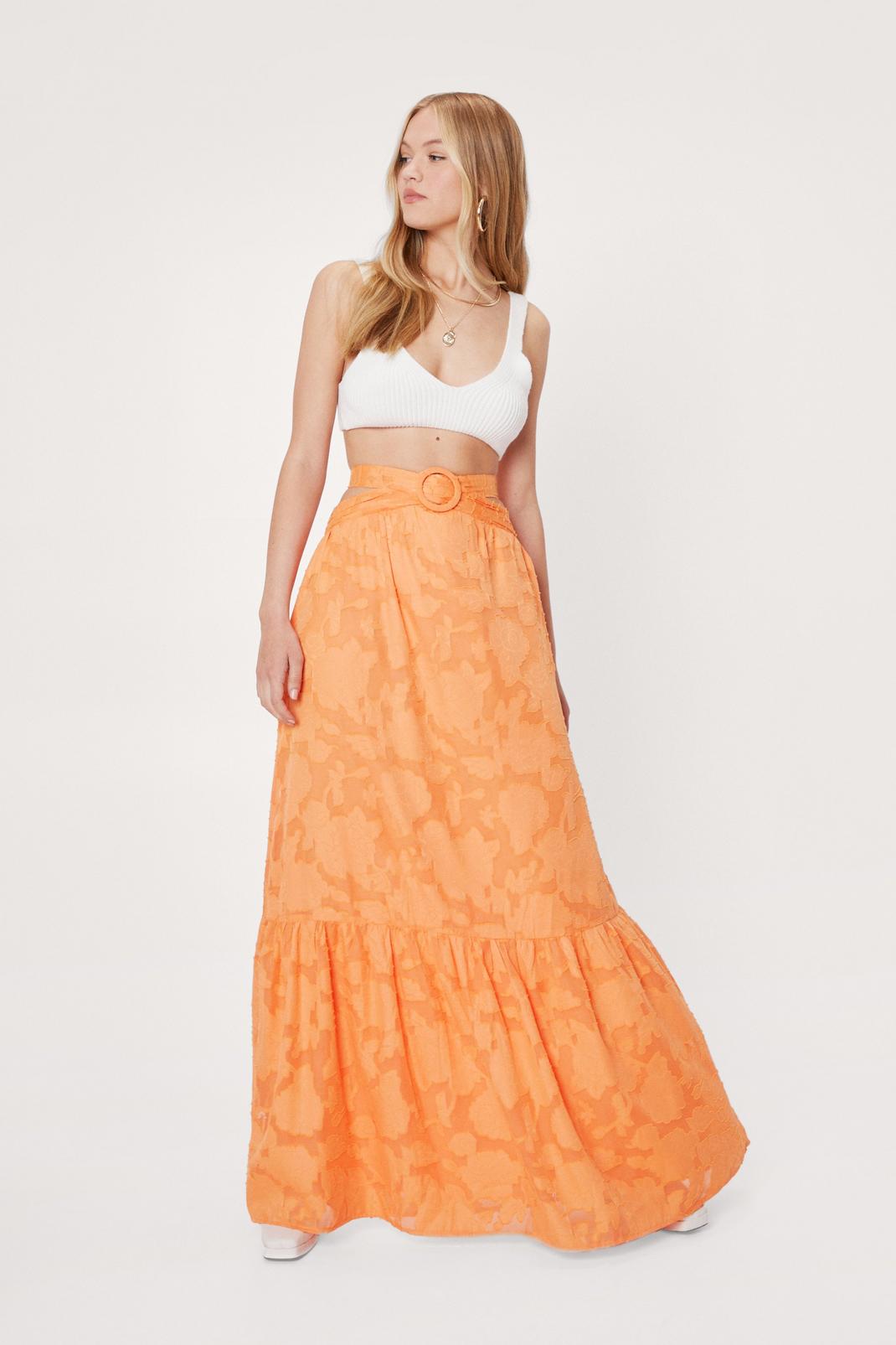 Jupe longue texturée à lanières et imprimé fleuri, Orange image number 1