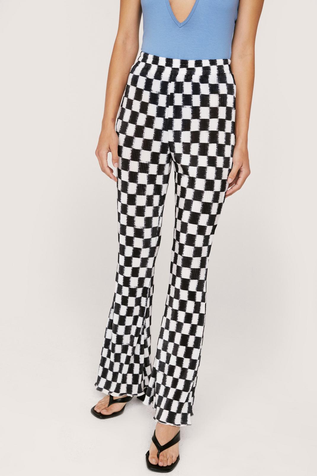 808 Ribbed High Waisted Checkerboard Flared Trousers image number 2