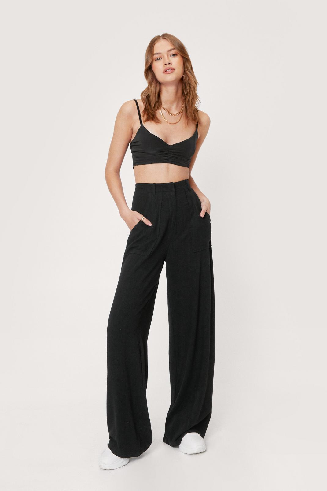 Black Linen High Waisted Seam Detail Trousers image number 1