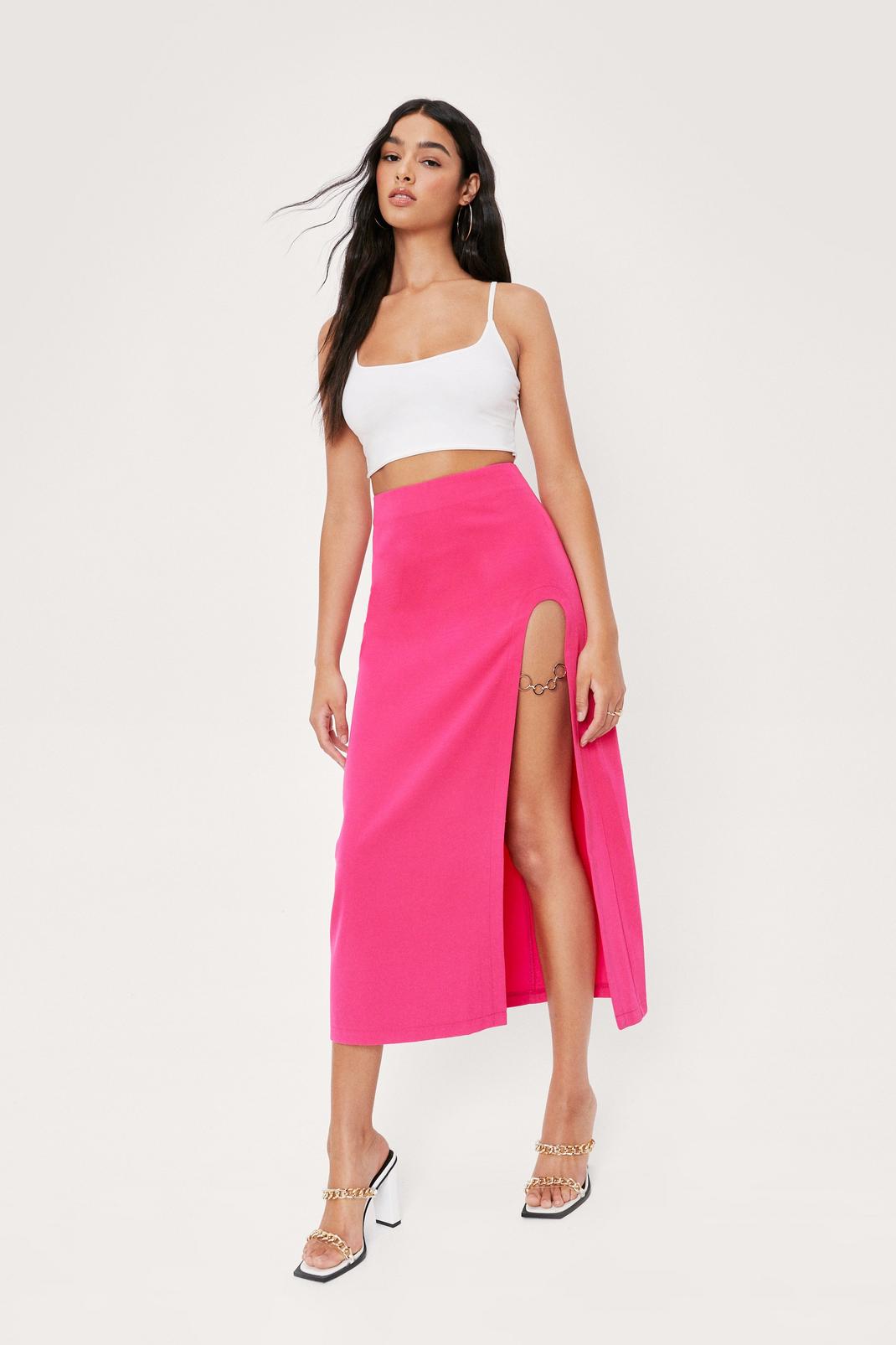 Hot pink Chain Detail Split Hem Midi Skirt image number 1