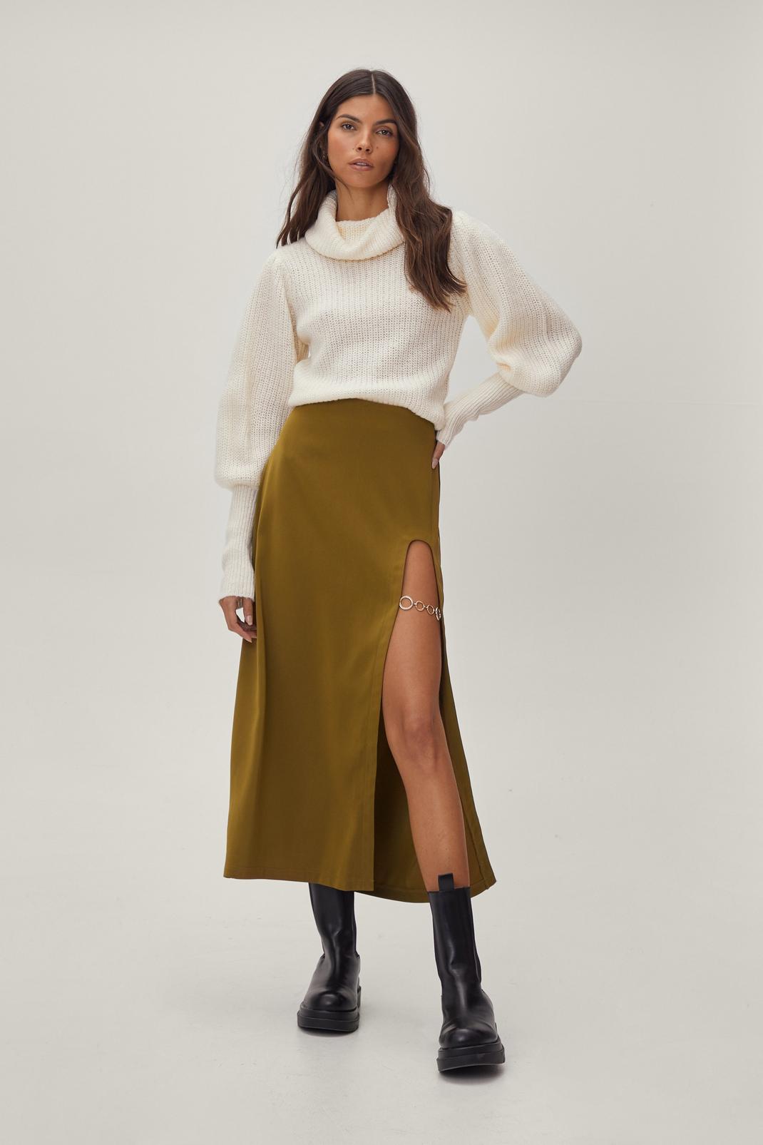 Olive Chain Detail Split Hem Midi Skirt image number 1