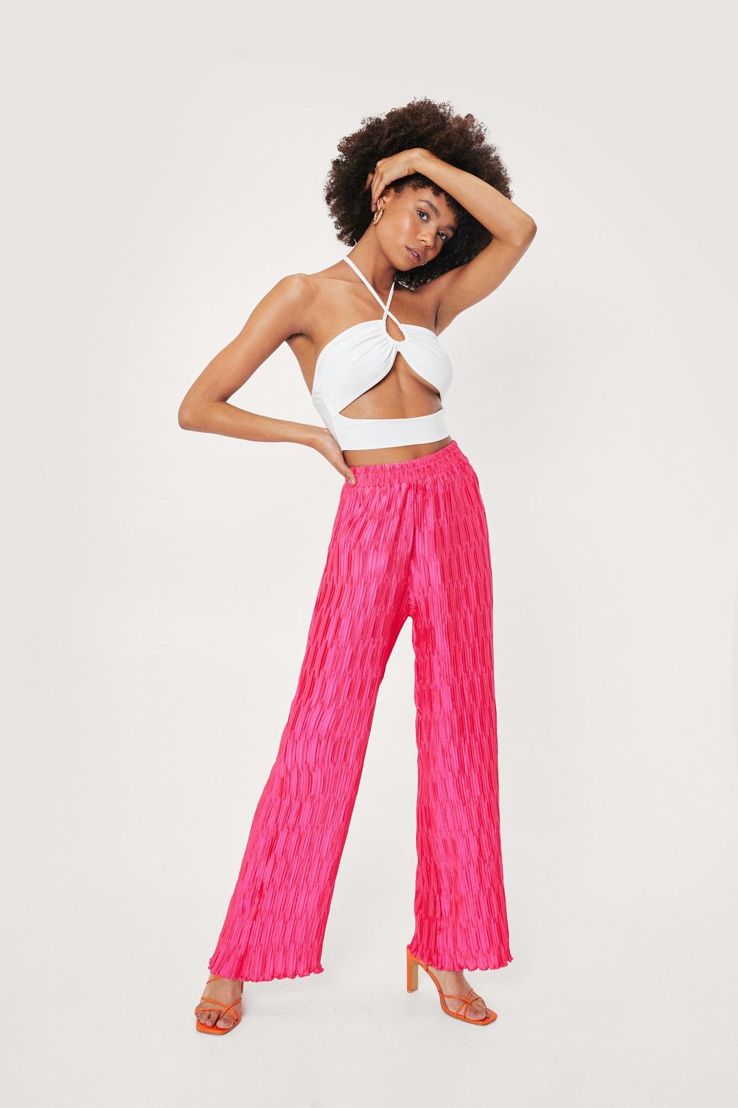Bright pink Plisse High Waisted Wide Leg Pants image number 1