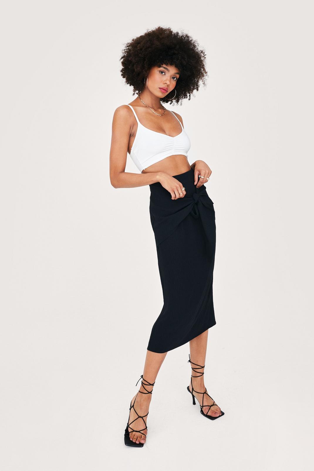 Black Knot Front Textured High Waisted Midi Skirt image number 1