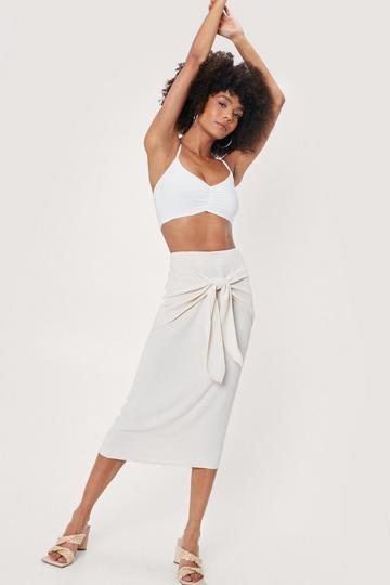 Knot Front Textured High Waisted Midi Skirt ivory
