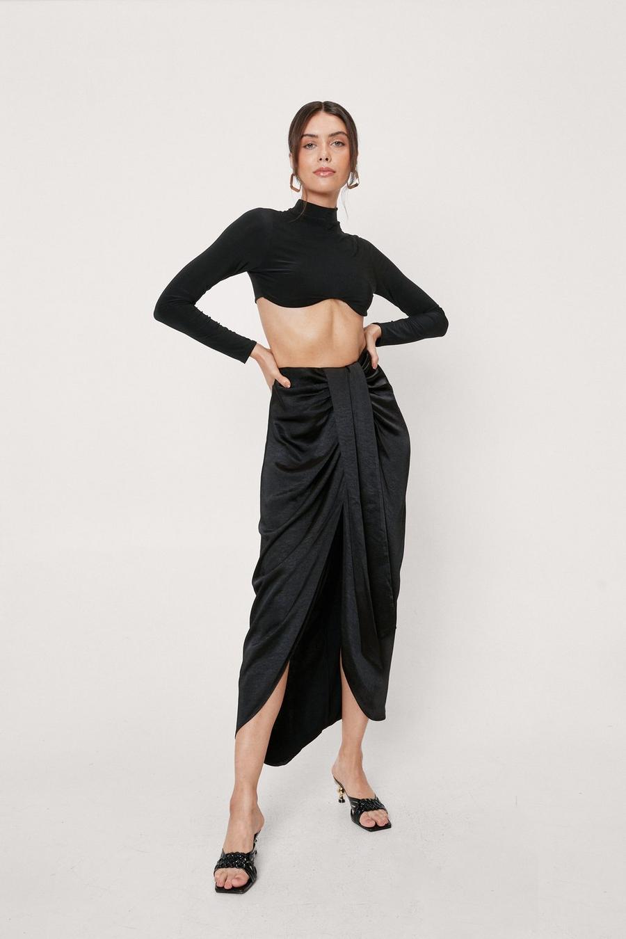 Satin Drape Design Split Front Midi Skirt