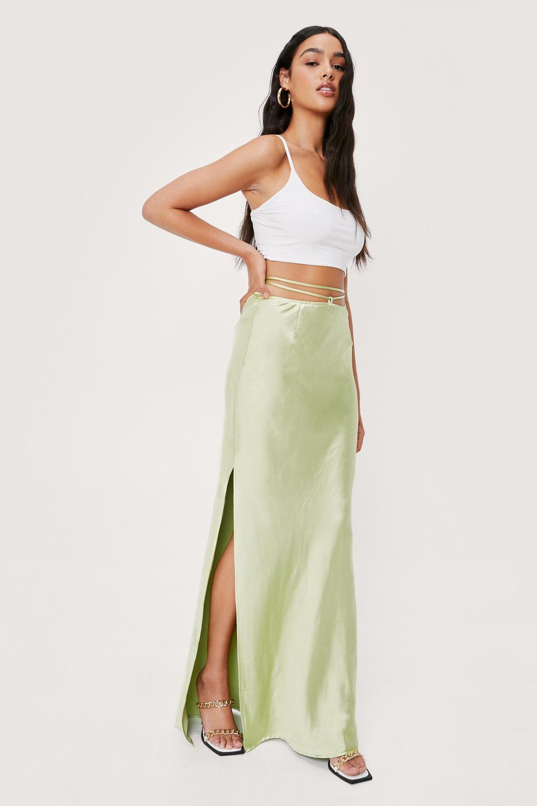 Apple green Satin Strappy Waist Split Hem Maxi Skirt image number 1