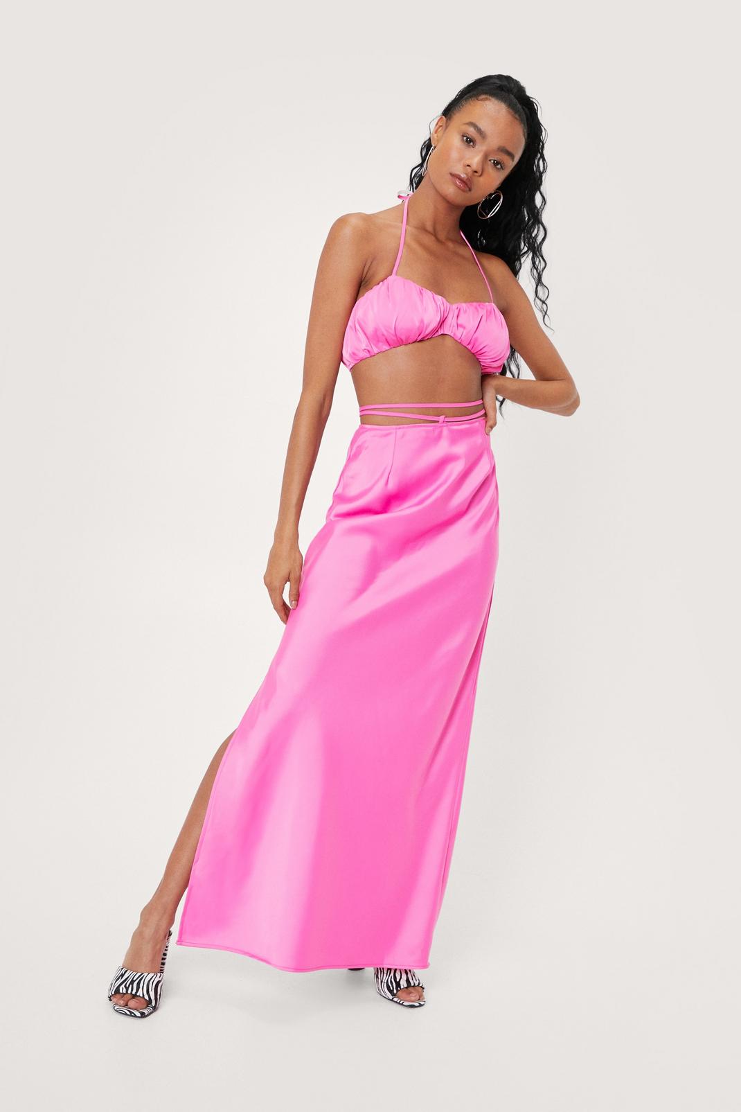 Bright pink Satin Strappy Waist Split Hem Maxi Skirt image number 1
